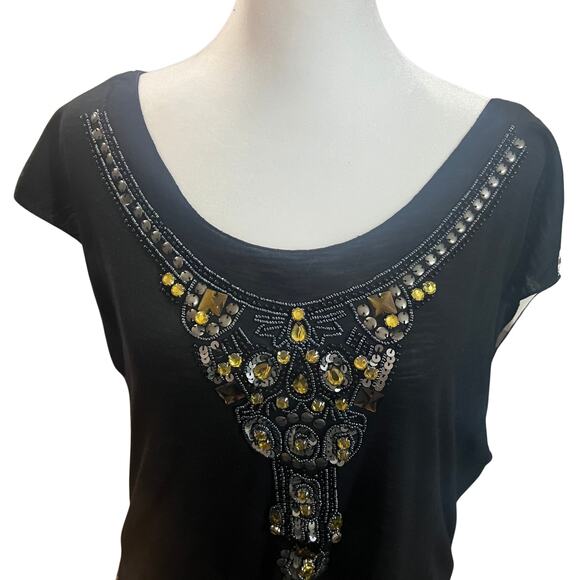 Hale Bob | Jeweled & Beaded Embellished Boho Tie-Back Tunic Top | Black | Large - Picture 3 of 9